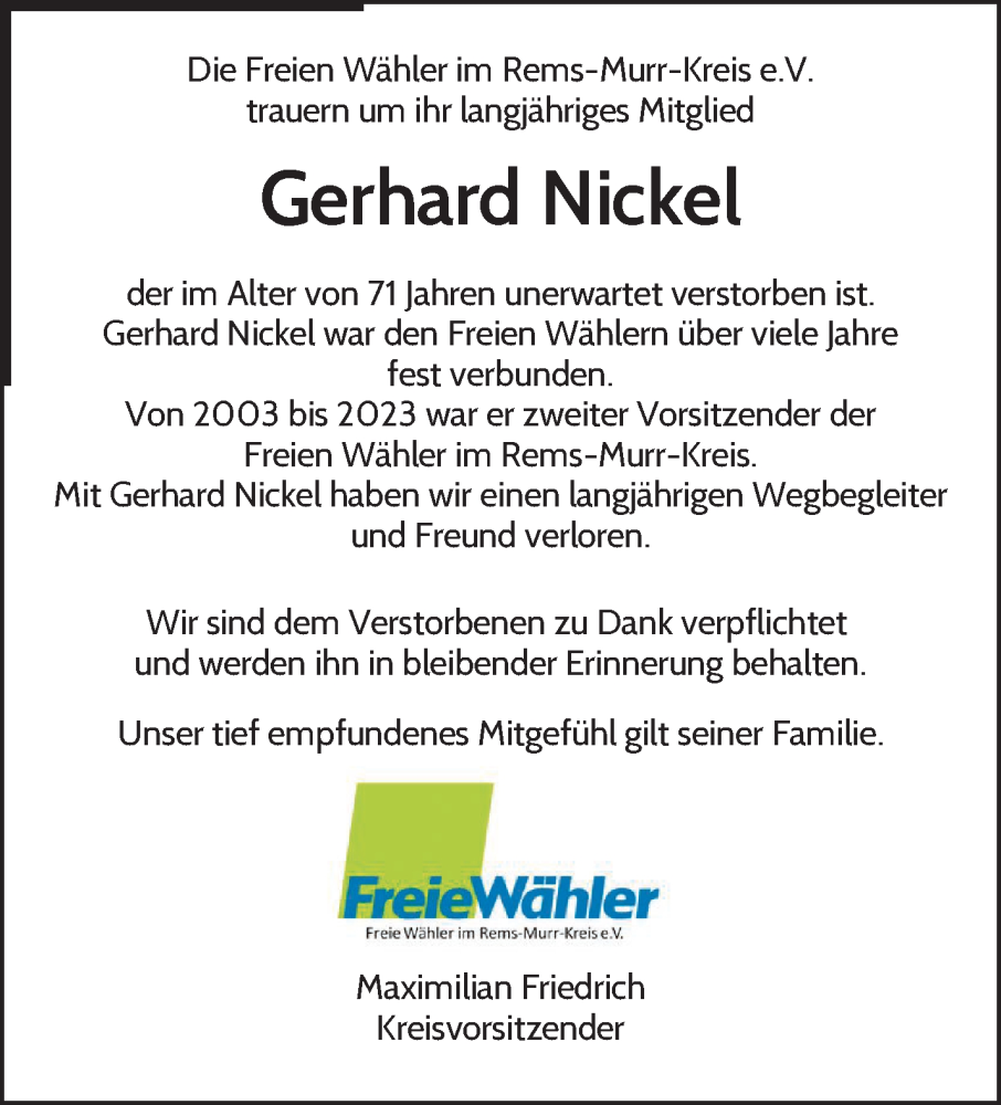  Traueranzeige für Gerhard Nickel vom 14.02.2026 aus Waiblinger Kreiszeitung