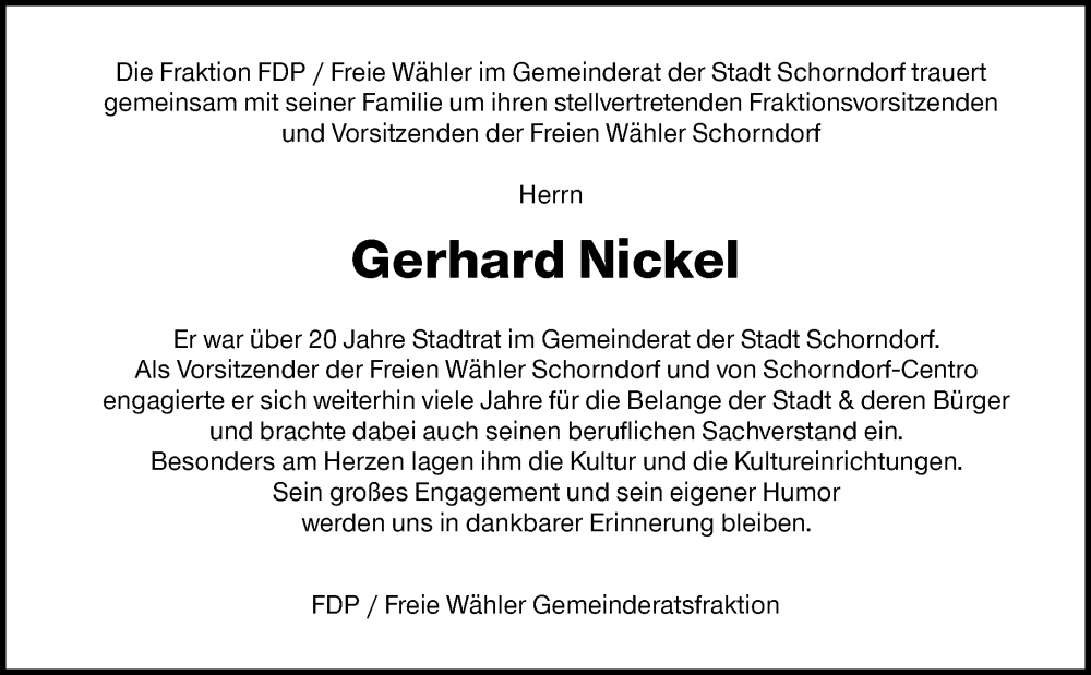  Traueranzeige für Gerhard Nickel vom 14.02.2026 aus Waiblinger Kreiszeitung