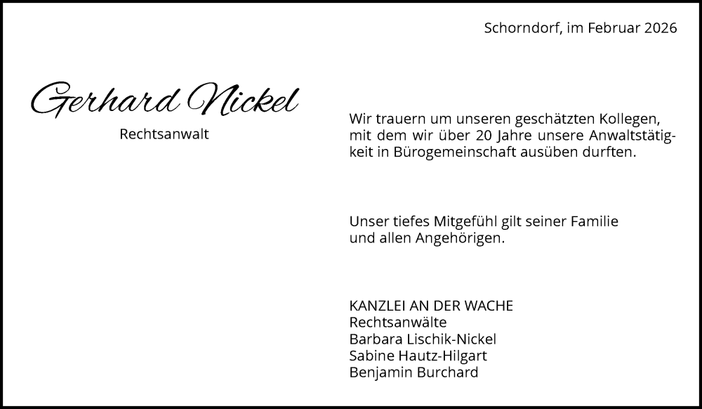  Traueranzeige für Gerhard Nickel vom 14.02.2026 aus Waiblinger Kreiszeitung