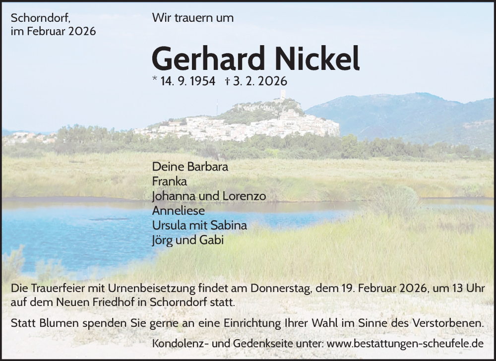  Traueranzeige für Gerhard Nickel vom 14.02.2026 aus Waiblinger Kreiszeitung
