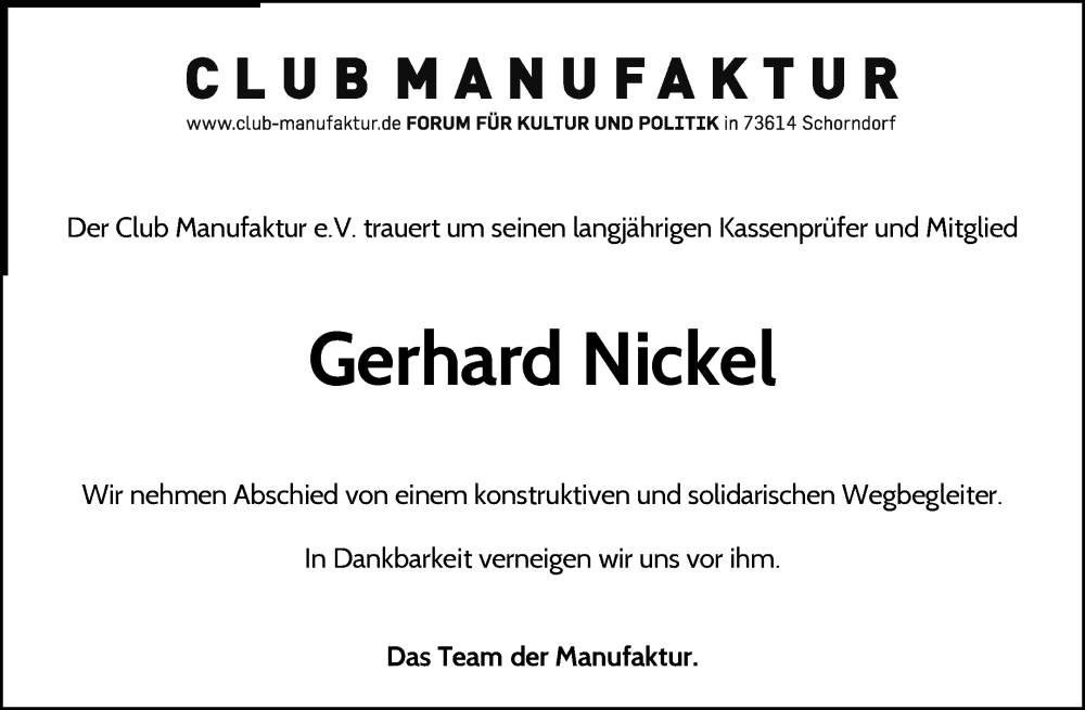  Traueranzeige für Gerhard Nickel vom 14.02.2026 aus Waiblinger Kreiszeitung
