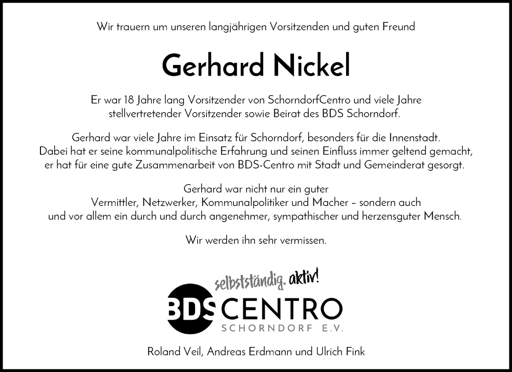  Traueranzeige für Gerhard Nickel vom 14.02.2026 aus Waiblinger Kreiszeitung
