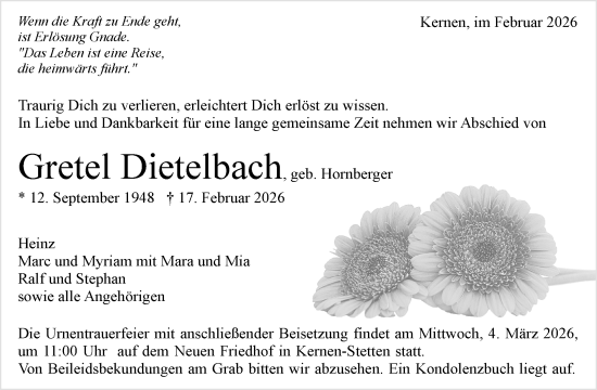 Traueranzeige von Gretel Dietelbach von Waiblinger Kreiszeitung