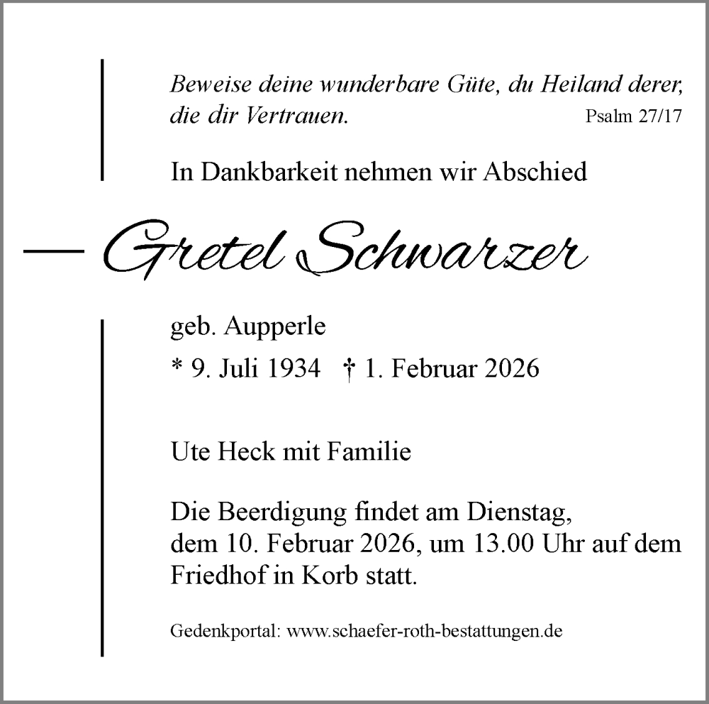  Traueranzeige für Gretel Schwarzer vom 06.02.2026 aus Waiblinger Kreiszeitung