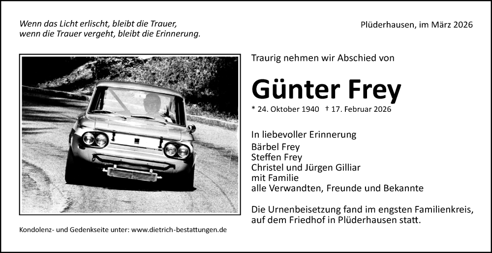  Traueranzeige für Günter Frey vom 27.02.2026 aus Waiblinger Kreiszeitung