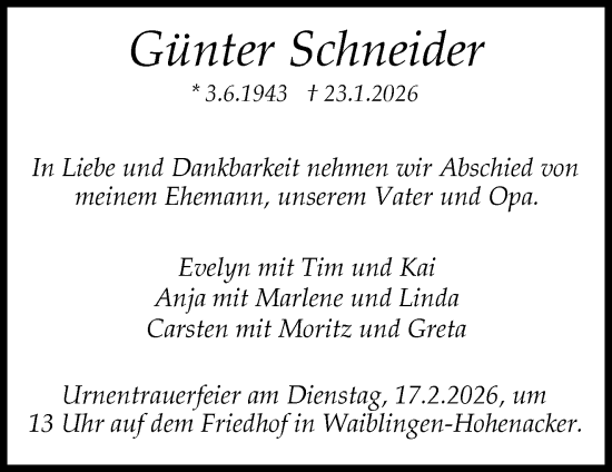 Traueranzeige von Günter Schneider von Waiblinger Kreiszeitung