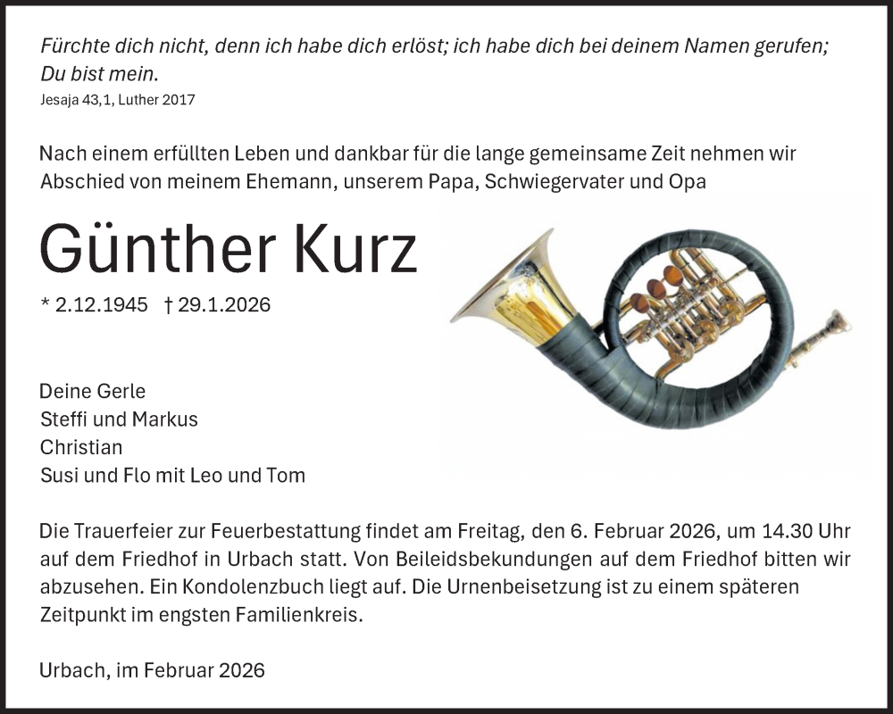  Traueranzeige für Günther Kurz vom 03.02.2026 aus Waiblinger Kreiszeitung