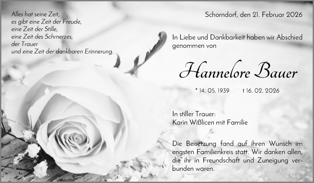  Traueranzeige für Hannelore Bauer vom 21.02.2026 aus Waiblinger Kreiszeitung