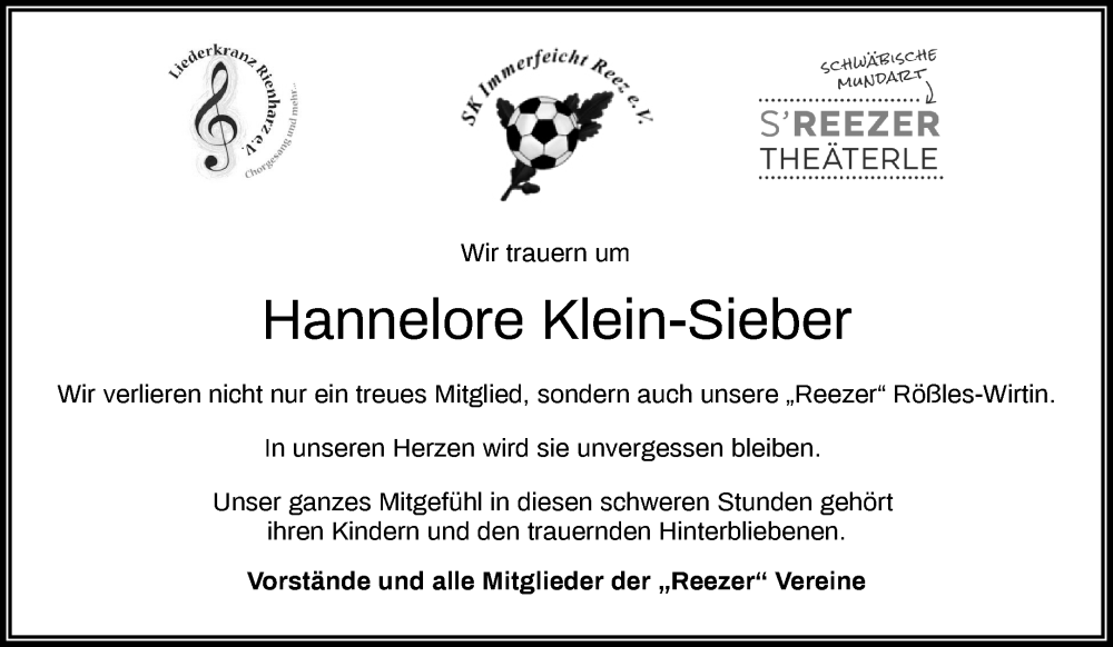  Traueranzeige für Hannelore Klein-Sieber vom 17.02.2026 aus Waiblinger Kreiszeitung