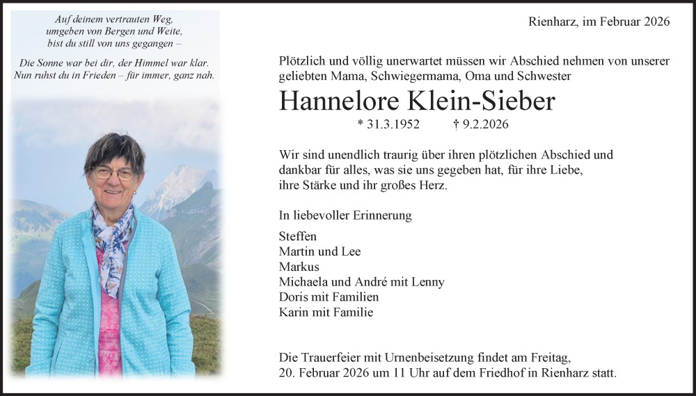  Traueranzeige für Hannelore Klein-Sieber vom 17.02.2026 aus Waiblinger Kreiszeitung