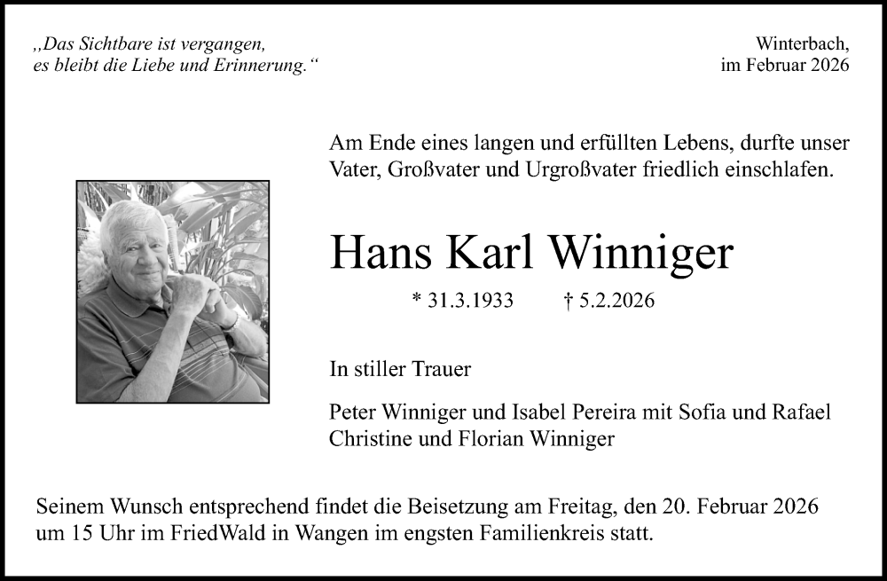  Traueranzeige für Hans Karl Winniger vom 11.02.2026 aus Waiblinger Kreiszeitung