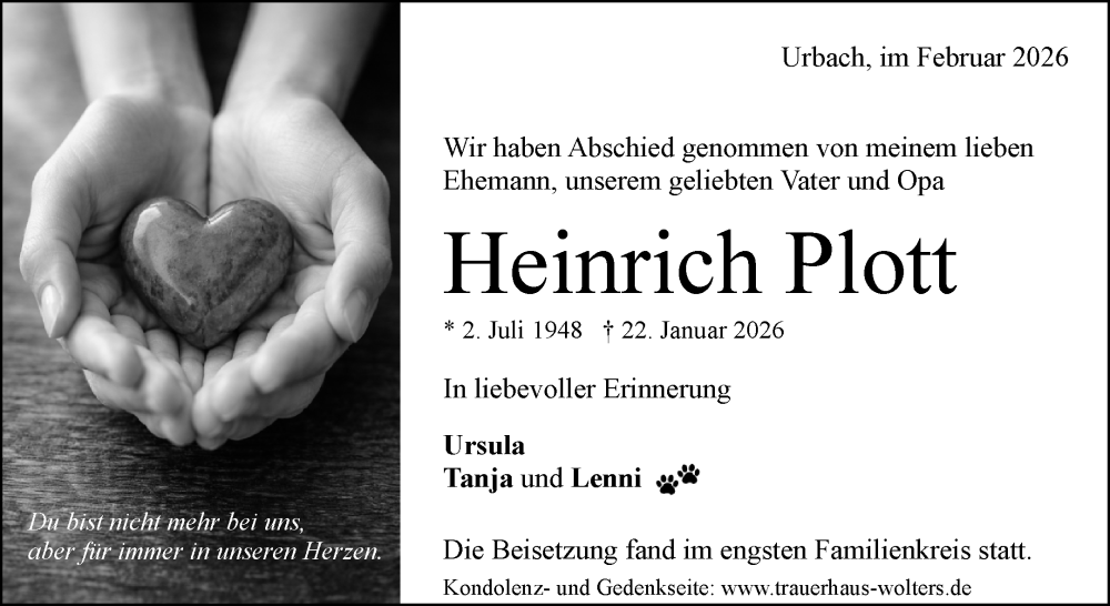  Traueranzeige für Heinrich Plott vom 10.02.2026 aus Waiblinger Kreiszeitung