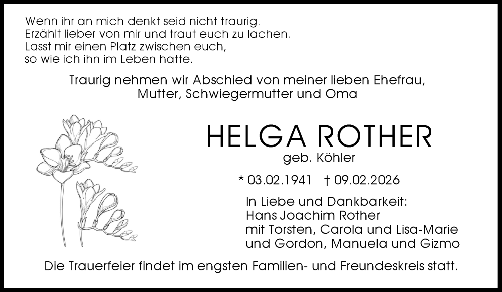  Traueranzeige für Helga Rother vom 16.02.2026 aus Waiblinger Kreiszeitung