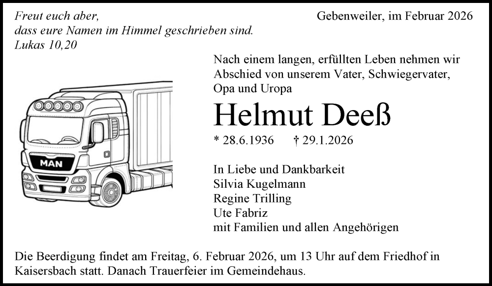 Traueranzeige für Helmut Deeß vom 04.02.2026 aus Waiblinger Kreiszeitung