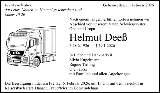 Traueranzeige von Helmut Deeß von Waiblinger Kreiszeitung