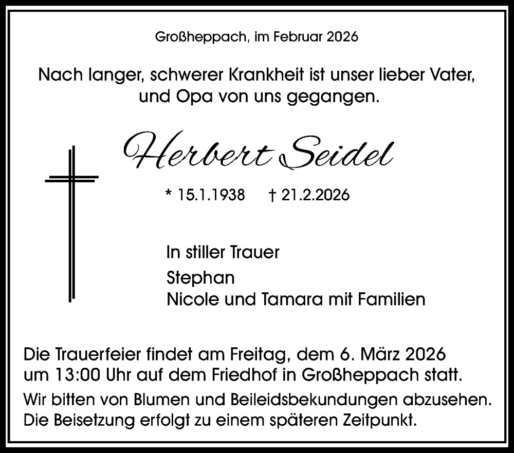  Traueranzeige für Herbert Seidel vom 28.02.2026 aus Waiblinger Kreiszeitung