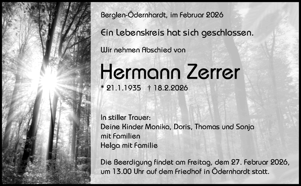  Traueranzeige für Hermann Zerrer vom 24.02.2026 aus Waiblinger Kreiszeitung