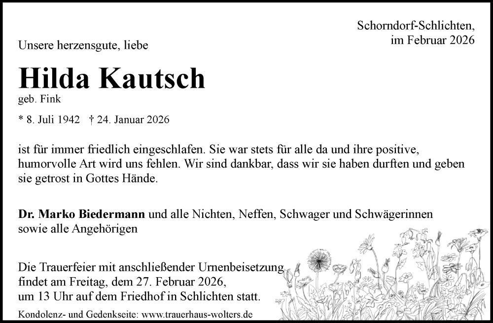  Traueranzeige für Hilda Kautsch vom 21.02.2026 aus Waiblinger Kreiszeitung