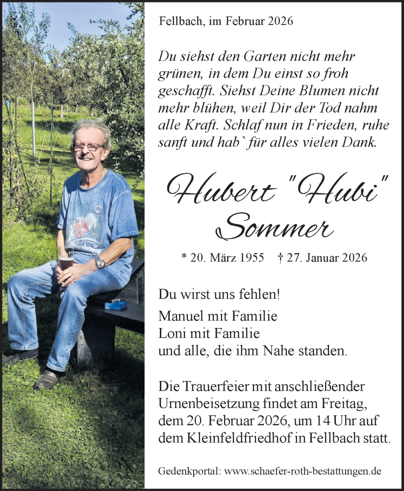  Traueranzeige für Hubert Sommer vom 13.02.2026 aus Waiblinger Kreiszeitung