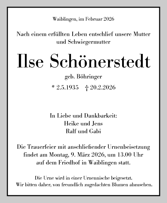 Traueranzeige von Ilse Schönerstedt von Waiblinger Kreiszeitung