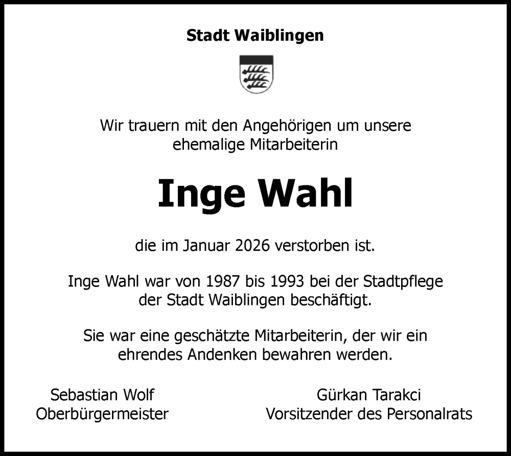  Traueranzeige für Inge Wahl vom 21.02.2026 aus Waiblinger Kreiszeitung