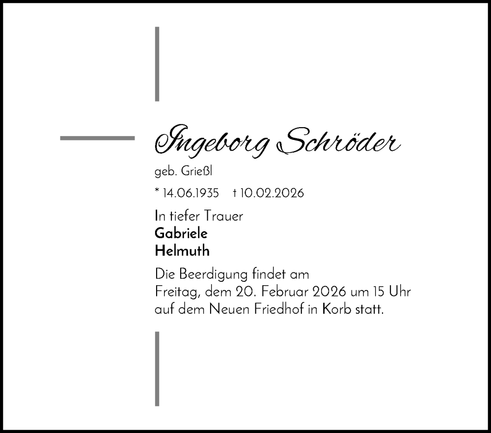  Traueranzeige für Ingeborg Schröder vom 14.02.2026 aus Waiblinger Kreiszeitung