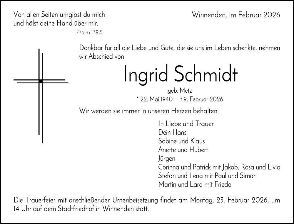  Traueranzeige für Ingrid Schmidt vom 18.02.2026 aus Waiblinger Kreiszeitung
