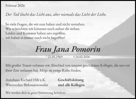 Traueranzeige von Jana Pomorin von Waiblinger Kreiszeitung