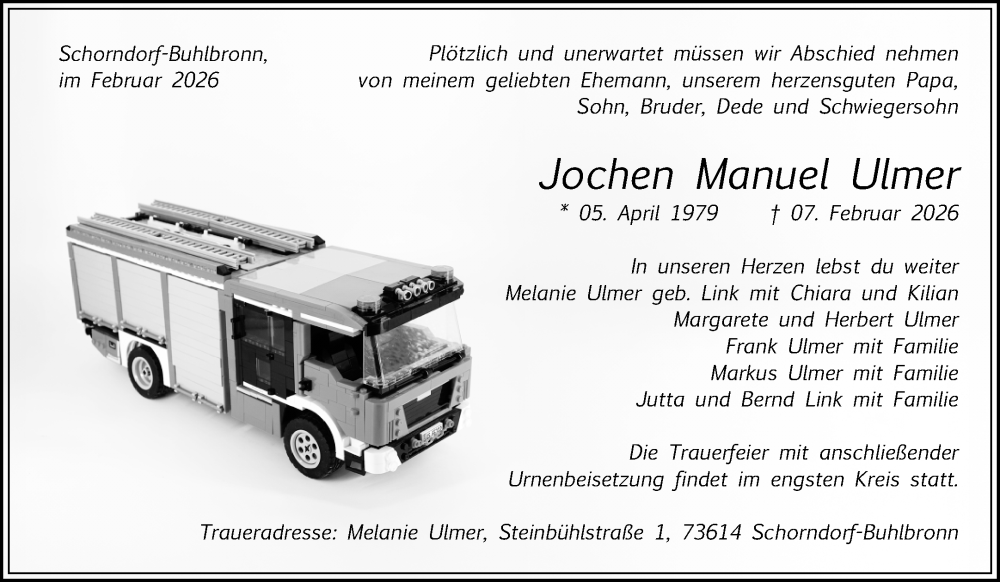  Traueranzeige für Jochen Manuel Ulmer vom 25.02.2026 aus Waiblinger Kreiszeitung