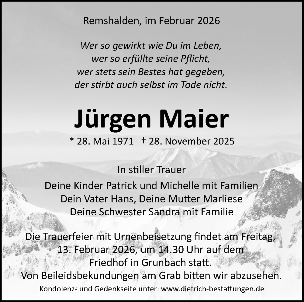  Traueranzeige für Jürgen Maier vom 07.02.2026 aus Waiblinger Kreiszeitung