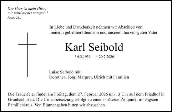 Traueranzeige von Karl Seibold von Waiblinger Kreiszeitung