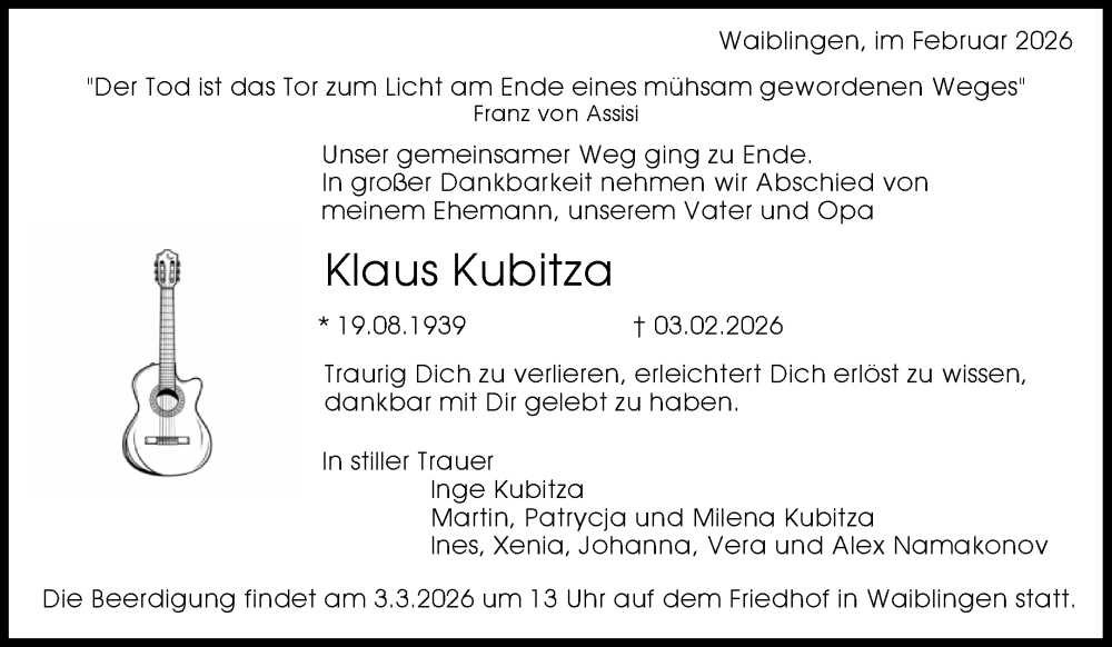  Traueranzeige für Klaus Kubitza vom 24.02.2026 aus Waiblinger Kreiszeitung