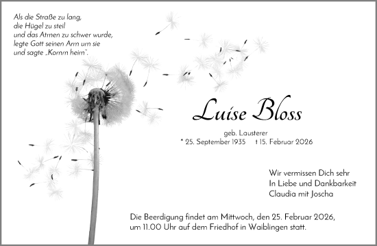 Traueranzeige von Luise Bloss von Waiblinger Kreiszeitung