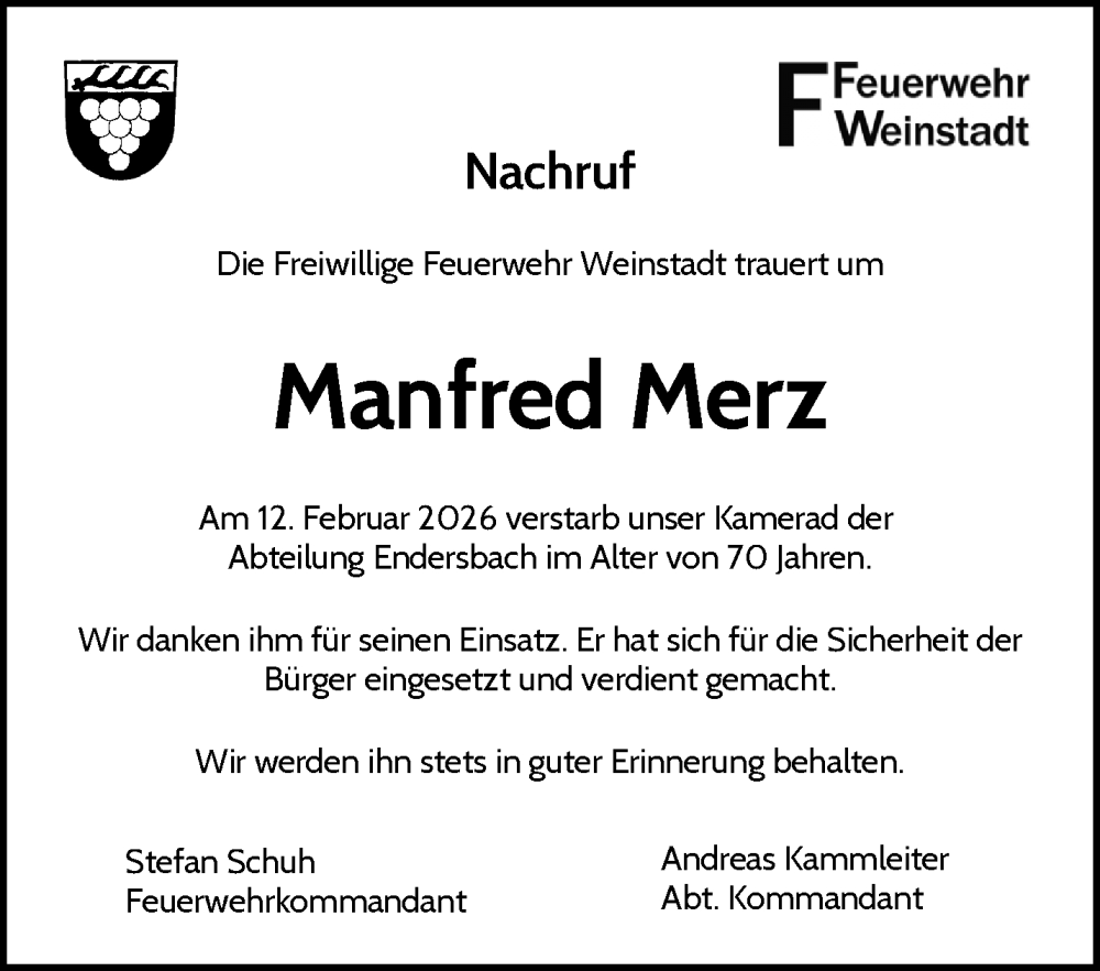  Traueranzeige für Manfred Merz vom 23.02.2026 aus Waiblinger Kreiszeitung
