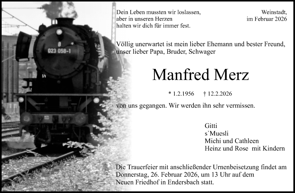  Traueranzeige für Manfred Merz vom 23.02.2026 aus Waiblinger Kreiszeitung