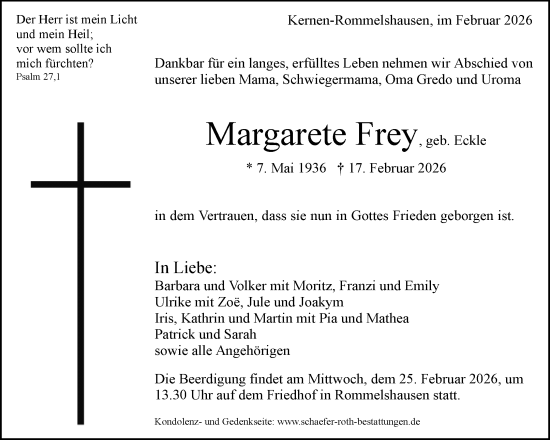 Traueranzeige von Margarete Frey von Waiblinger Kreiszeitung