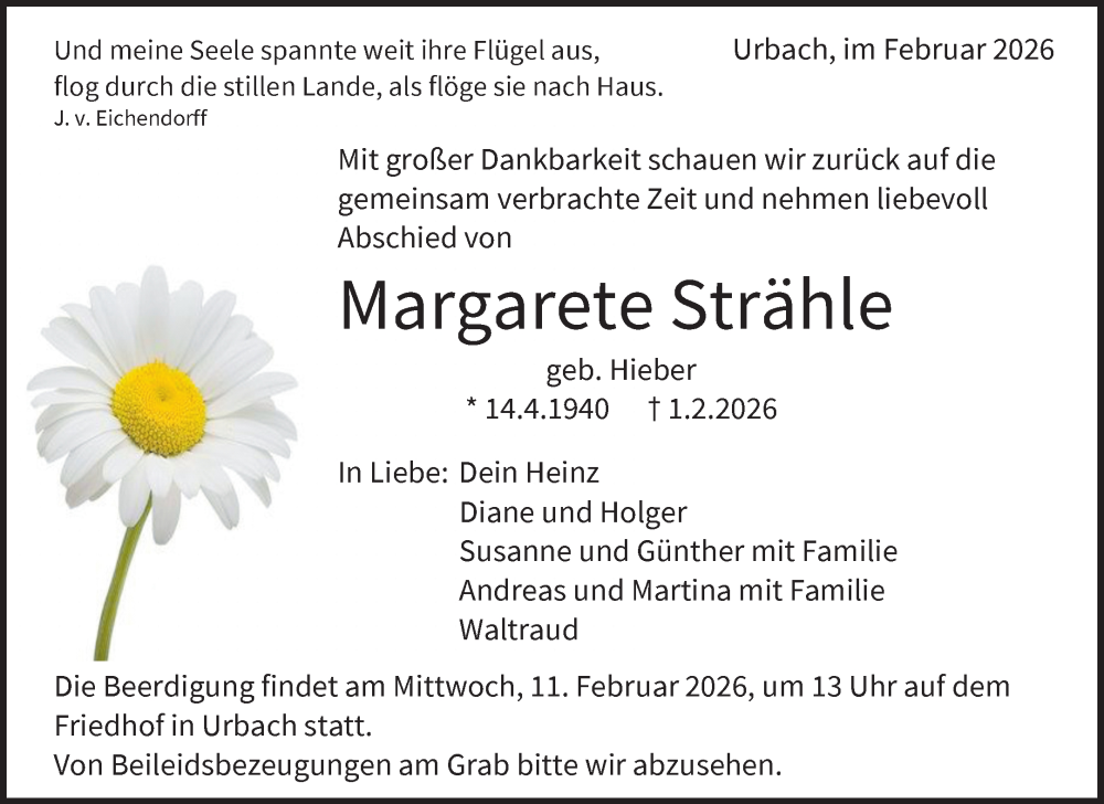  Traueranzeige für Margarete Strähle vom 09.02.2026 aus Waiblinger Kreiszeitung
