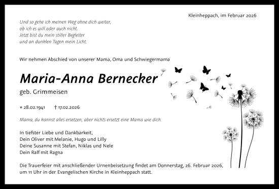 Traueranzeige von Maria-Anna Bernecker von Waiblinger Kreiszeitung