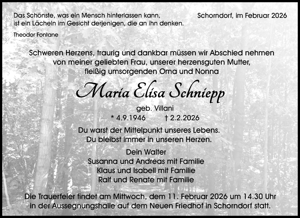  Traueranzeige für Maria Elisa Schniepp vom 07.02.2026 aus Waiblinger Kreiszeitung