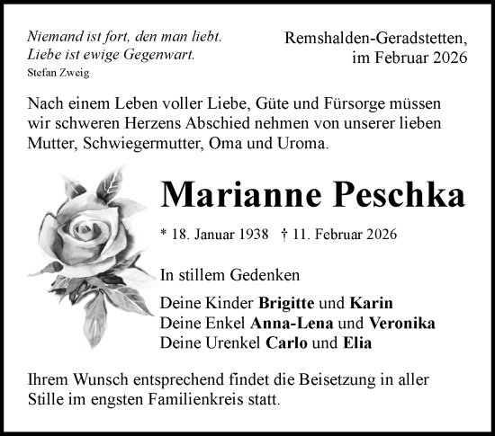 Traueranzeige von Marianne Peschka von Waiblinger Kreiszeitung