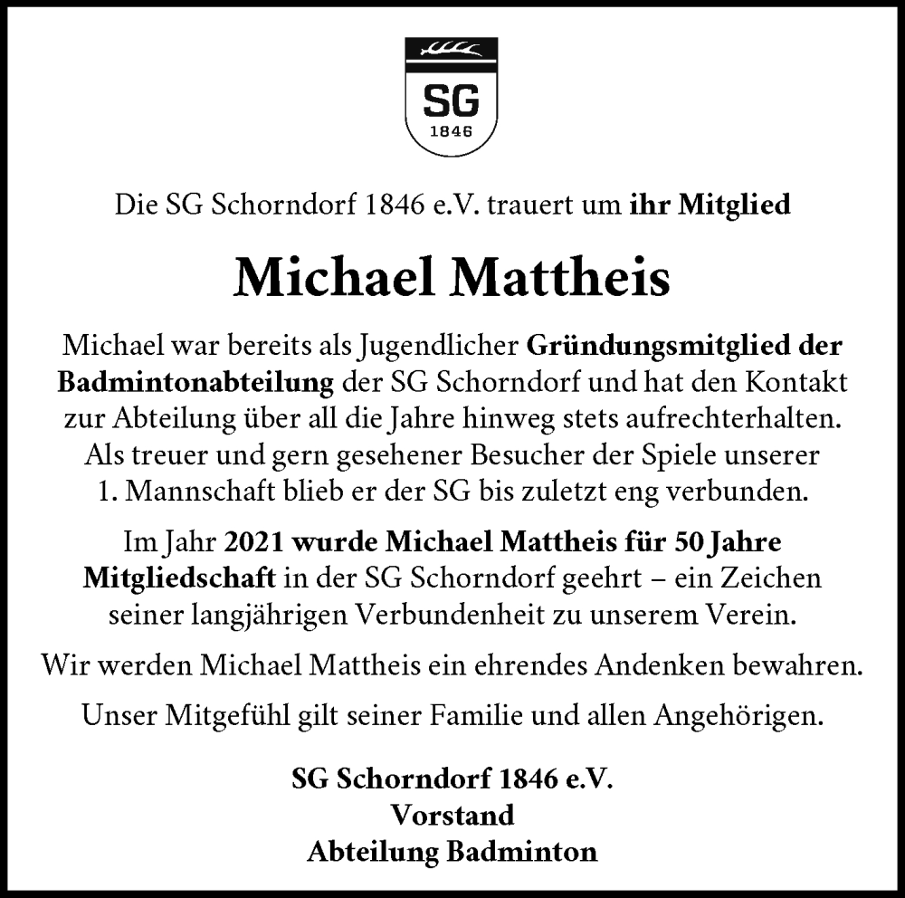  Traueranzeige für Michael Mattheis vom 05.02.2026 aus Waiblinger Kreiszeitung