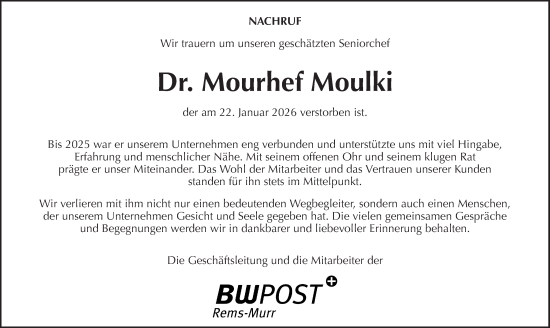 Traueranzeige von Mourhef Moulki von Waiblinger Kreiszeitung