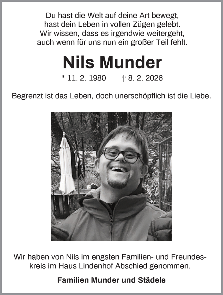  Traueranzeige für Nils Munder vom 28.02.2026 aus Waiblinger Kreiszeitung