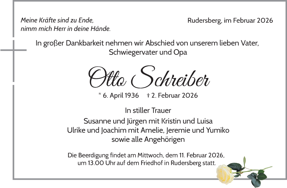  Traueranzeige für Otto Schreiber vom 07.02.2026 aus Waiblinger Kreiszeitung