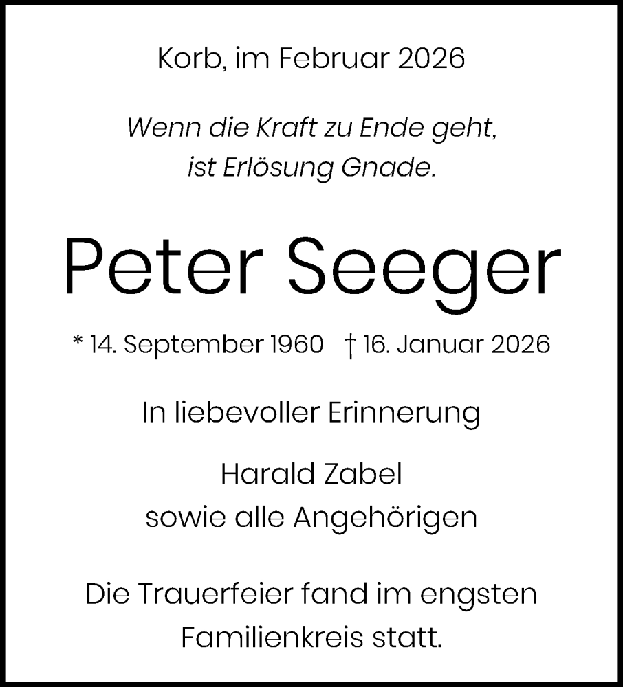  Traueranzeige für Peter Seeger vom 18.02.2026 aus Waiblinger Kreiszeitung