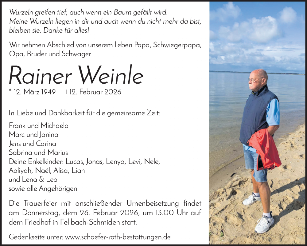  Traueranzeige für Rainer Weinle vom 20.02.2026 aus Waiblinger Kreiszeitung