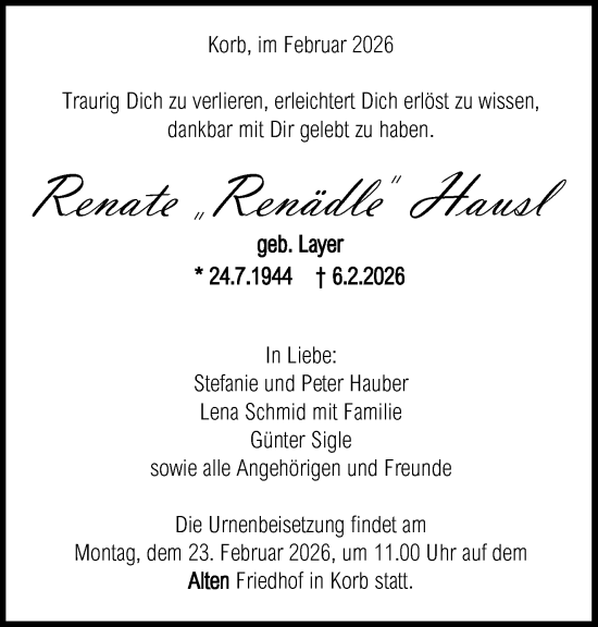 Traueranzeige von Renate Hausl von Waiblinger Kreiszeitung