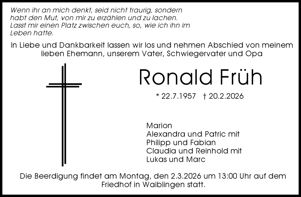  Traueranzeige für Ronald Früh vom 25.02.2026 aus Waiblinger Kreiszeitung