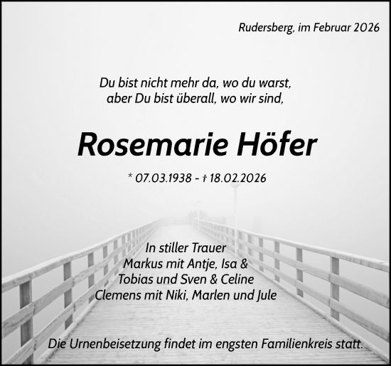 Traueranzeige von Rosemarie Höfer von Waiblinger Kreiszeitung