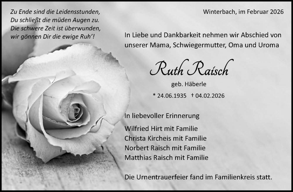  Traueranzeige für Ruth Raisch vom 21.02.2026 aus Waiblinger Kreiszeitung